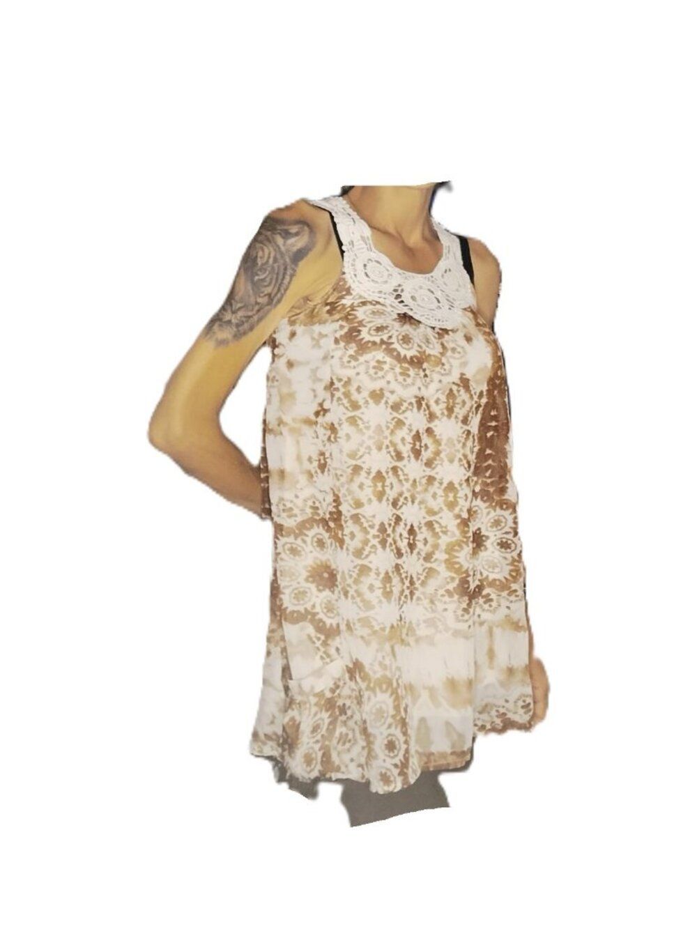 Sugar xx Brown Beige Flowy Layered Tank Top Size M | Pockets & Lace Detail